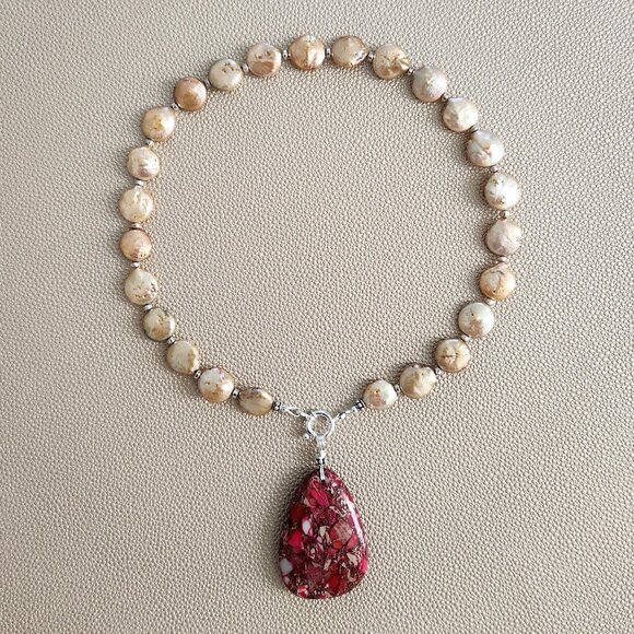 GOLD COIN PEARL NECKLACE W/ RED JASPER DROP--16" - Picture 1 of 2